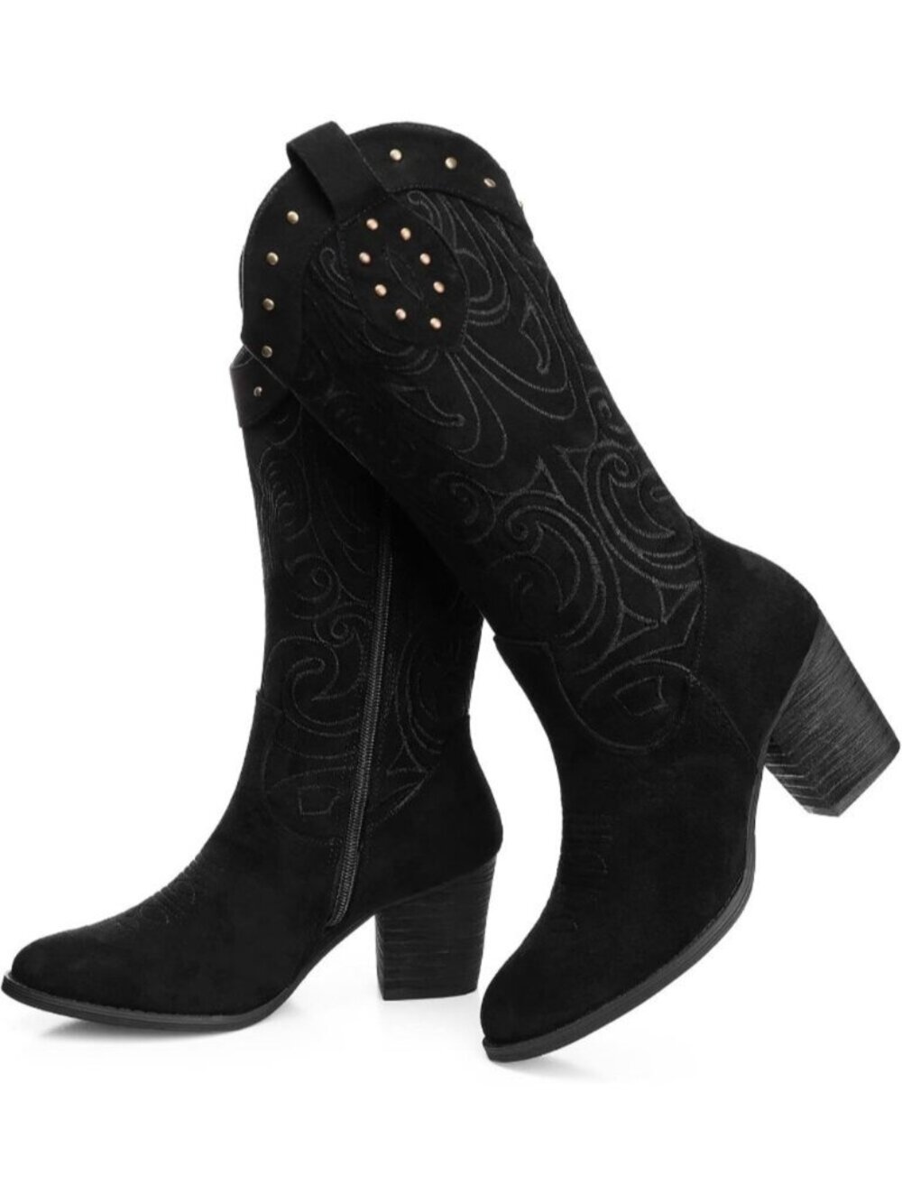 Women's Black Comfortable Western Mid Calf Chunky Low Heel Boot Cowgirl Boots